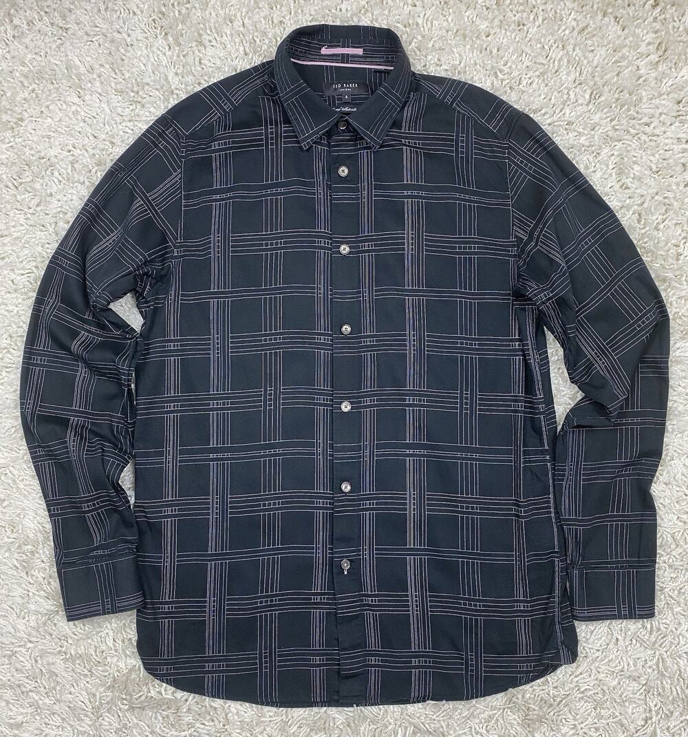 Ted Baker London Mens Sz 4 L Black Windowpane Check Button Up Long Sleeve Shirt